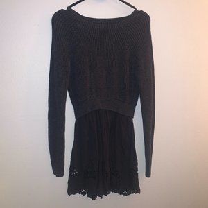 Sweater Over Navy Crochet Skirt